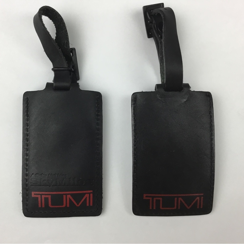 TUMI Set of 2 Black Leather Luggage Replacement Tag Red Logo 4" x 2.5"